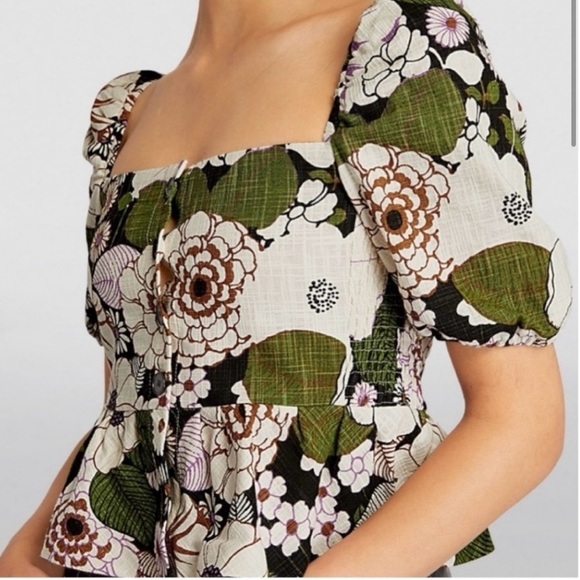 MAJE Loflower cropped organic cotton puff sleeve button down peplum top size 2/M - Picture 4 of 16